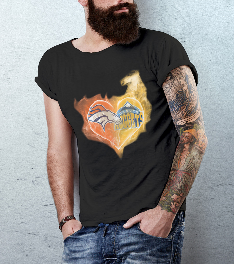 Denver Broncos Denver Nuggets Heart Flame T-Shirt