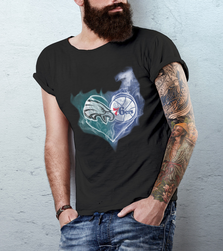 Philadelphia Eagles 76ers Heart Sports Logo Fusion T-Shirt