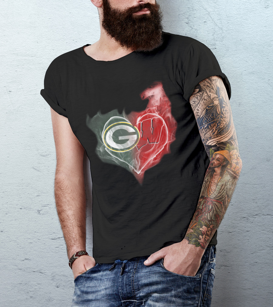 Green Bay Packers Wisconsin Badgers Heart Smoke T-Shirt