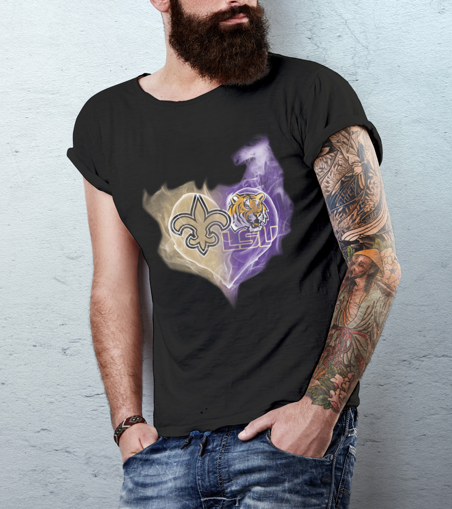 New Orleans Saints Fleur-De-Lis And Lsu Tigers Logo Heart T-Shirt