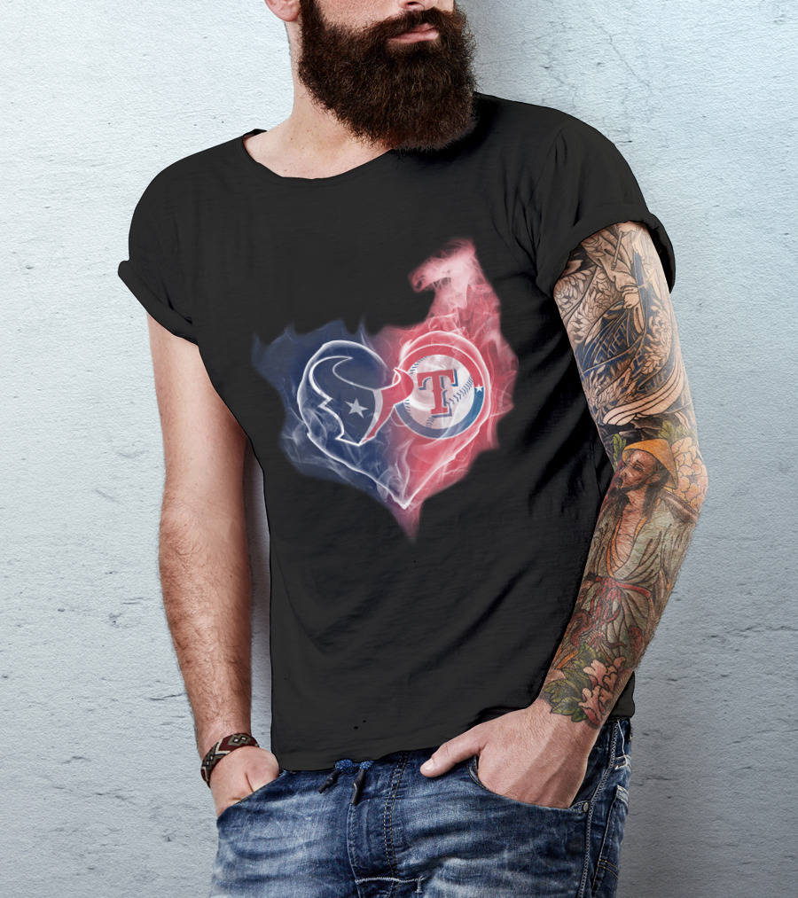 Houston Texans And Texas Rangers Smoke Heart T-Shirt