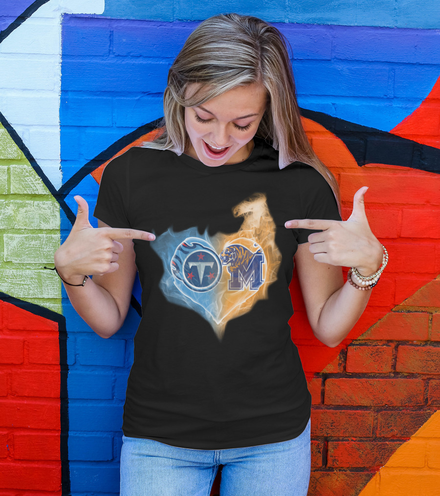 Tennessee Titans Memphis Tigers Heart Flame T-Shirt
