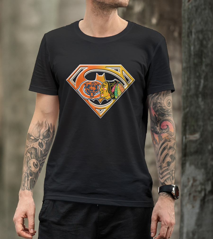 Chicago Bears And Blackhawks Super Logo Fusion Bat 006 T-Shirt