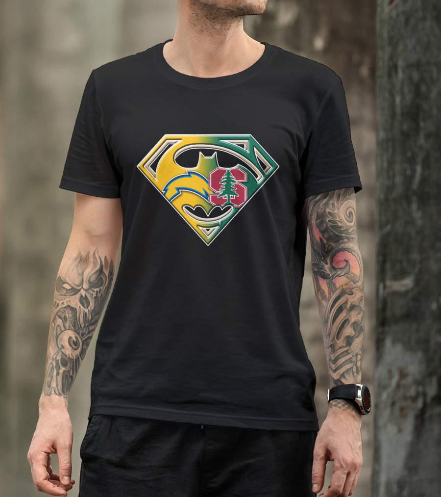 Los Angeles Chargers And Stanford Cardinal Bat Superman Logo Fusion T-Shirt