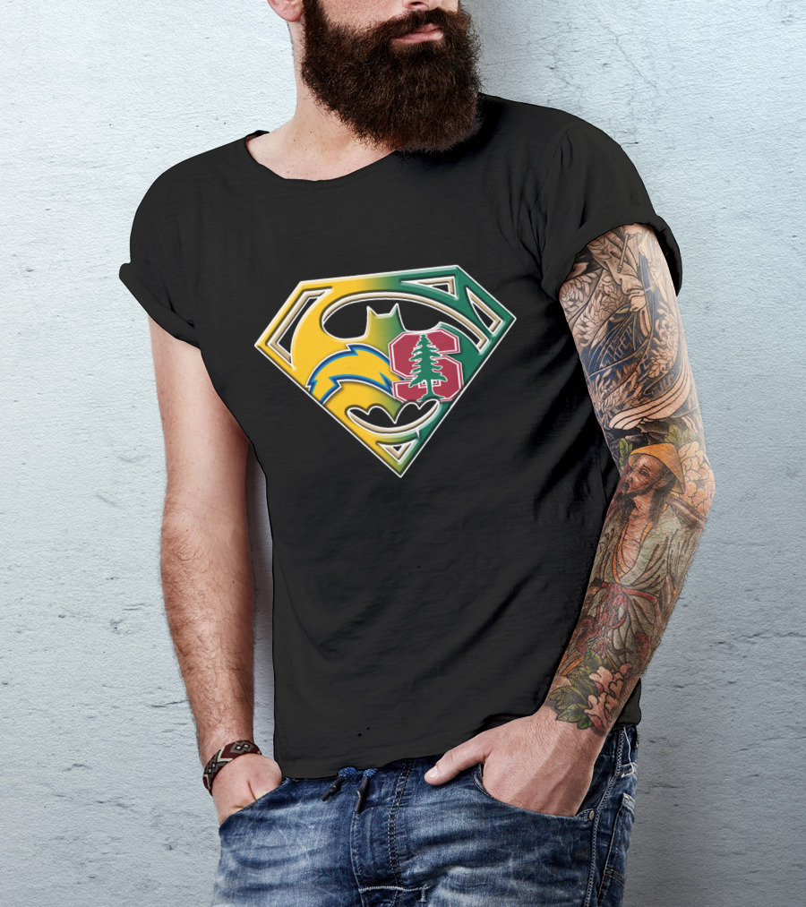 Los Angeles Chargers And Stanford Cardinal Bat Superman Logo Fusion T-Shirt