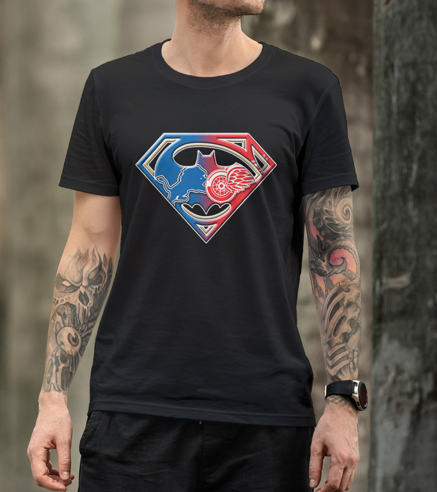Detroit Sports Superman Batman Red Wings Lions T-Shirt