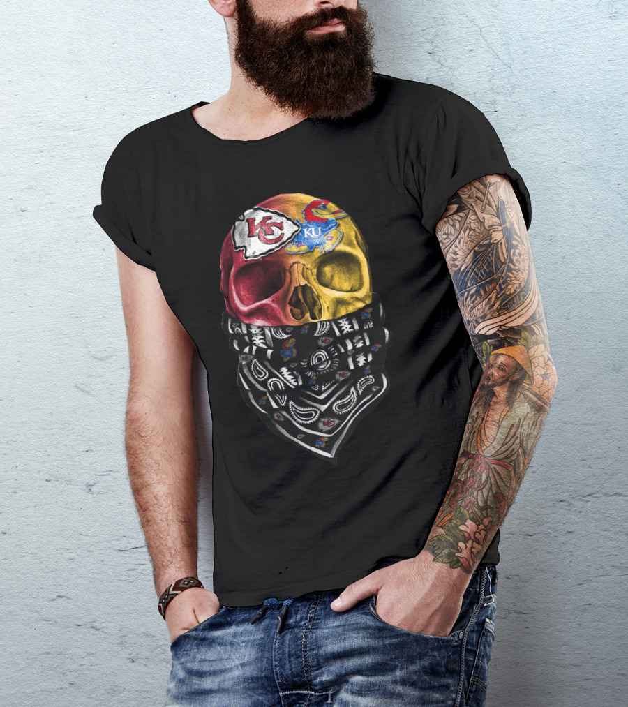 Kc Chiefs Ku Jayhawks Skull Bandana T-Shirt