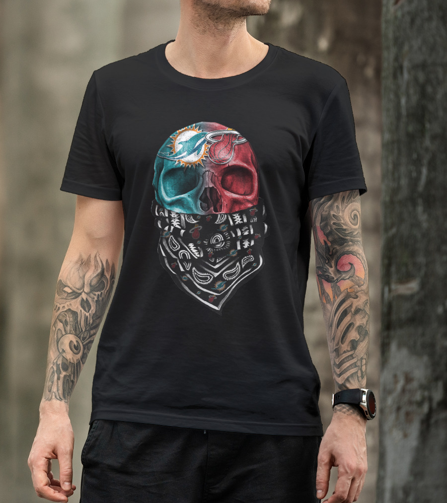 Miami Dolphins And Heat Skull Bandana Combination T-Shirt
