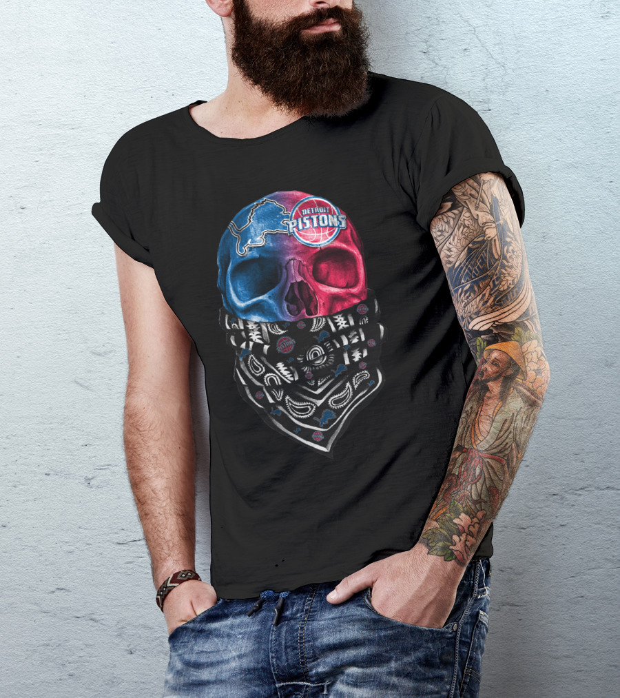 Detroit Pistons Lions Bandana Skull T-Shirt