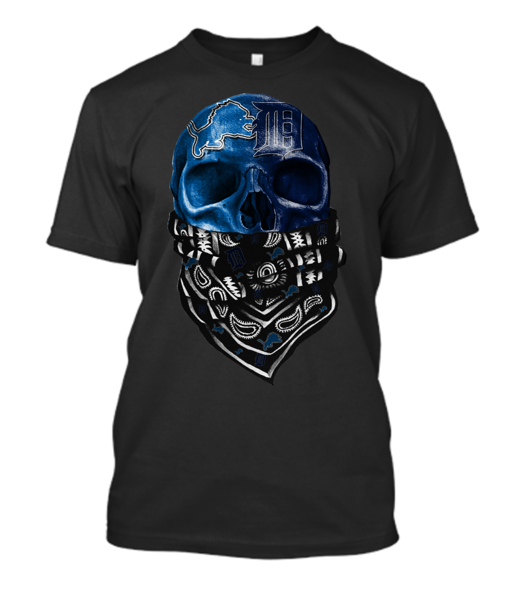 Detroit Lions And Tigers Skull Bandana Blue T-Shirt