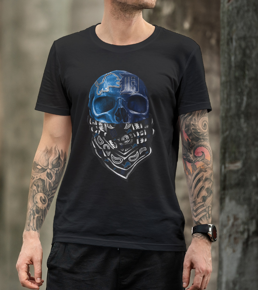 Detroit Lions And Tigers Skull Bandana Blue T-Shirt