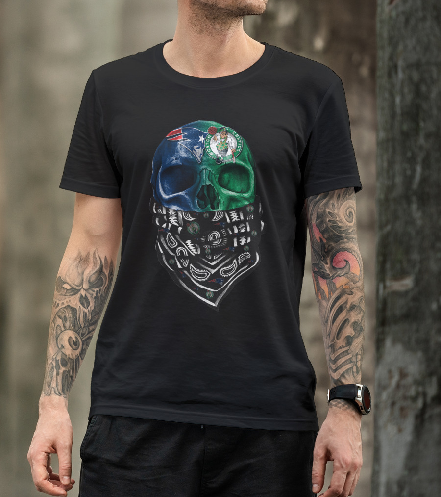 New England Patriots Boston Celtics Skull Bandana T-Shirt