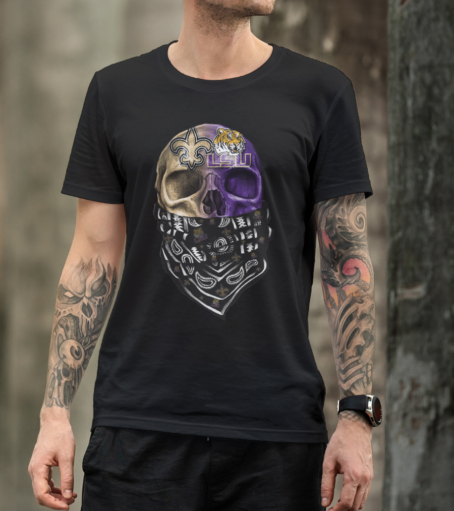 Lsu Tigers Skull With New Orleans Saints Logo Bandana T-Shirt