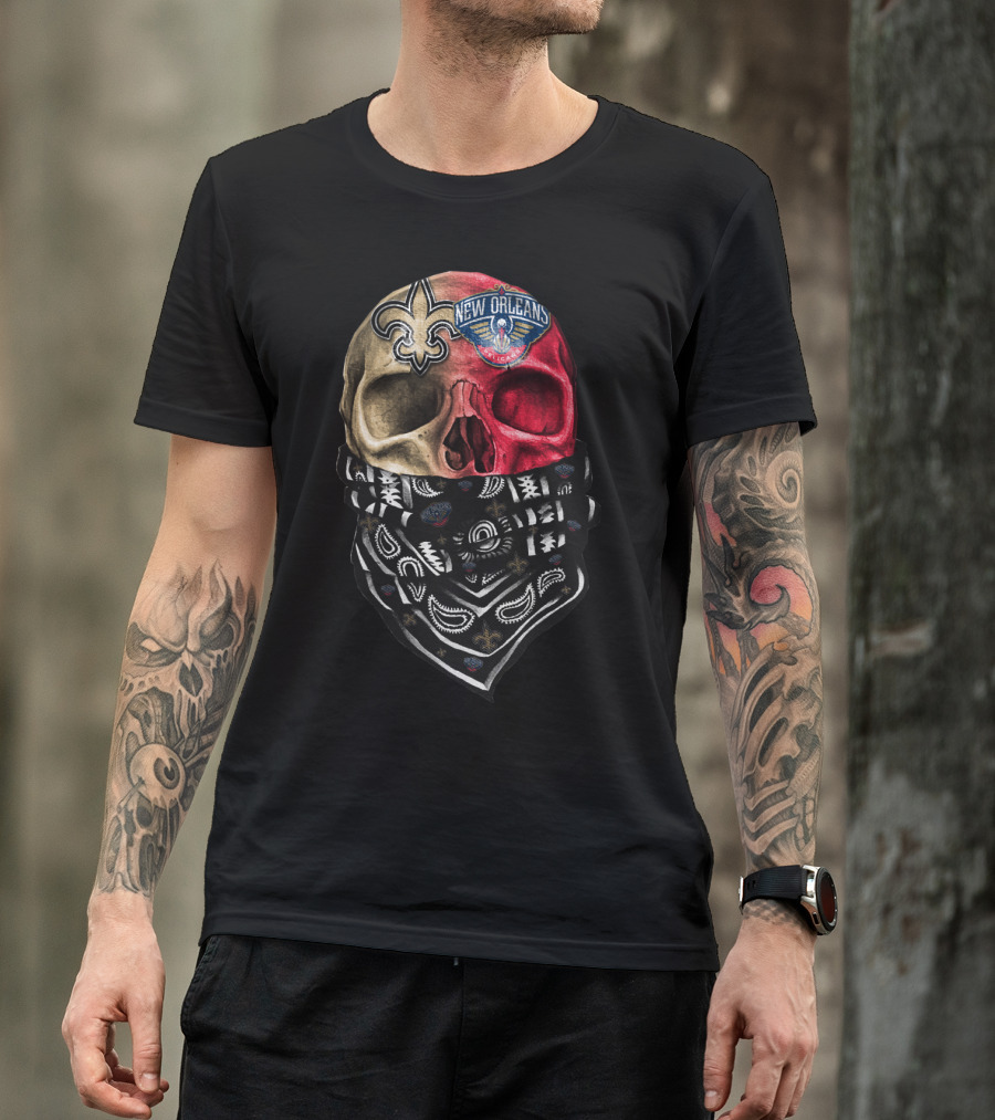 New Orleans Saints Pelicans Skull Bandana T-Shirt