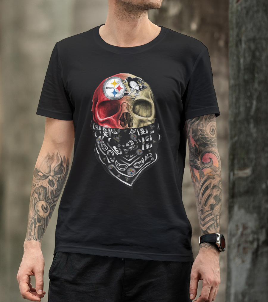 Steelers And Penguins Dual Skull Bandana Art On Sku 114 T-Shirt