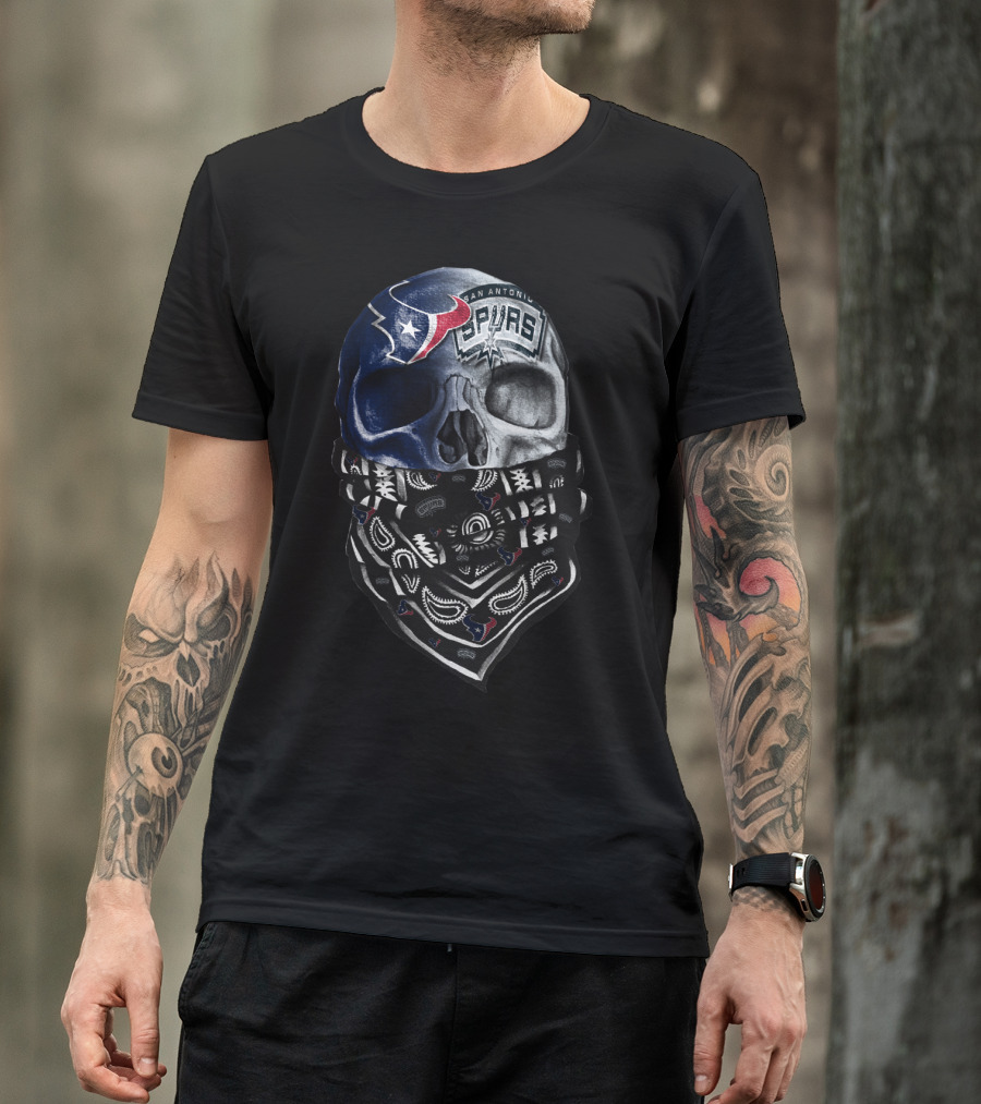 San Antonio Spurs Skull With Bandana And Houston Texans T-Shirt