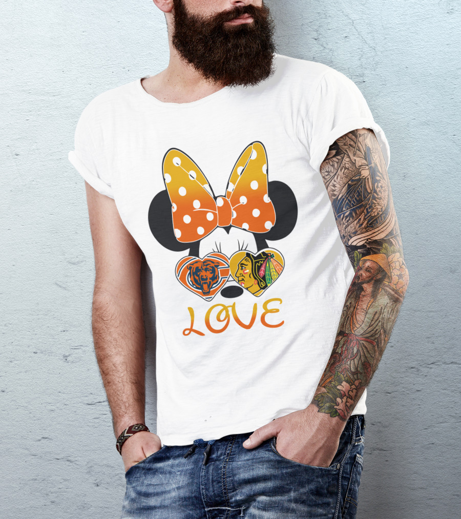 Minnie Mouse Love Chicago Bears Blackhawks Bow T-Shirt