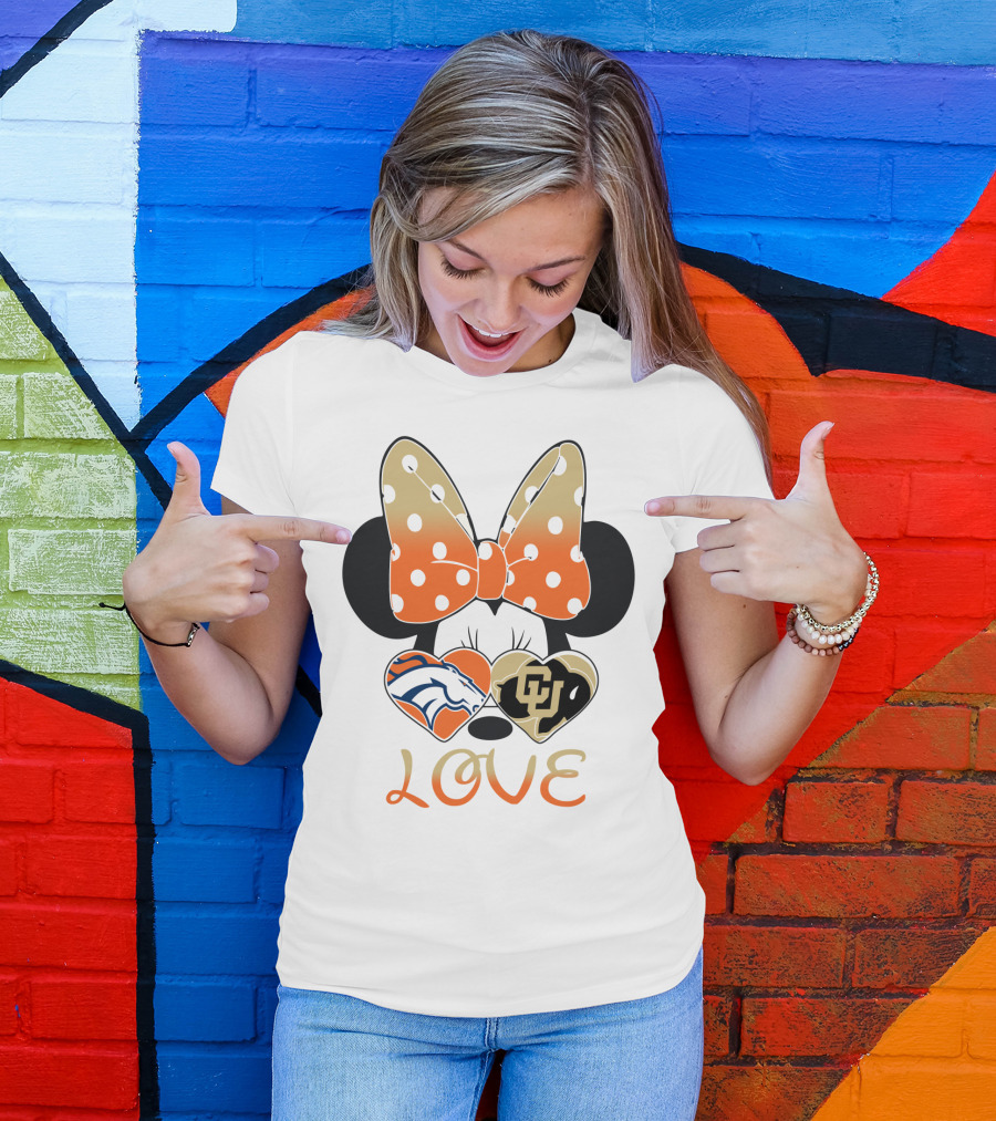 Love Minnie Mouse Orange Bow Denver Broncos University Of Colorado Buffaloes Hearts T-Shirt