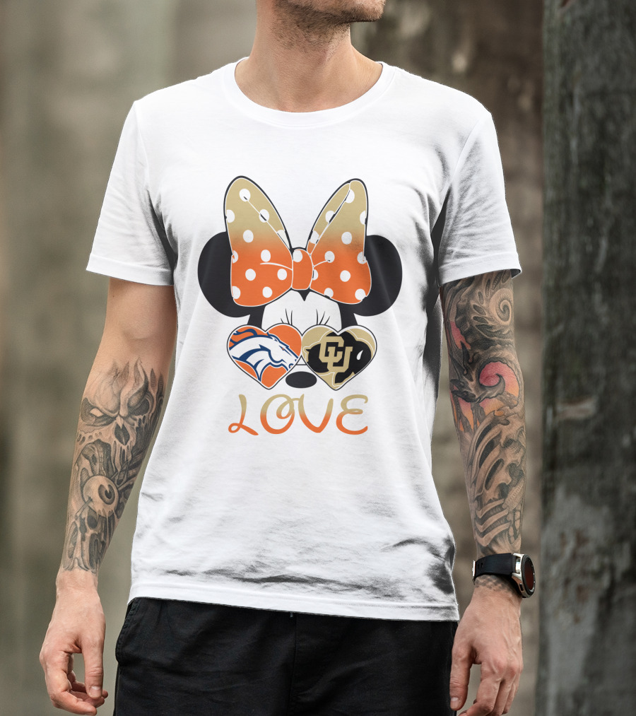 Love Minnie Mouse Orange Bow Denver Broncos University Of Colorado Buffaloes Hearts T-Shirt