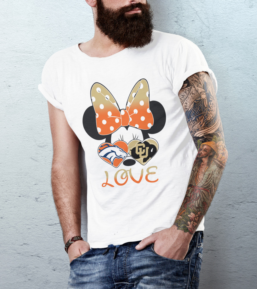 Love Minnie Mouse Orange Bow Denver Broncos University Of Colorado Buffaloes Hearts T-Shirt