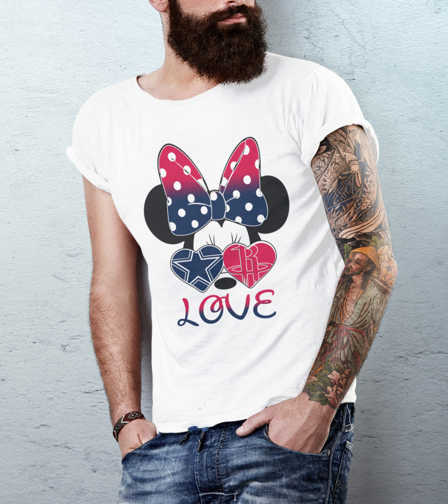 Love Minnie Bow Dallas Cowboys Houston Rockets Hearts T-Shirt