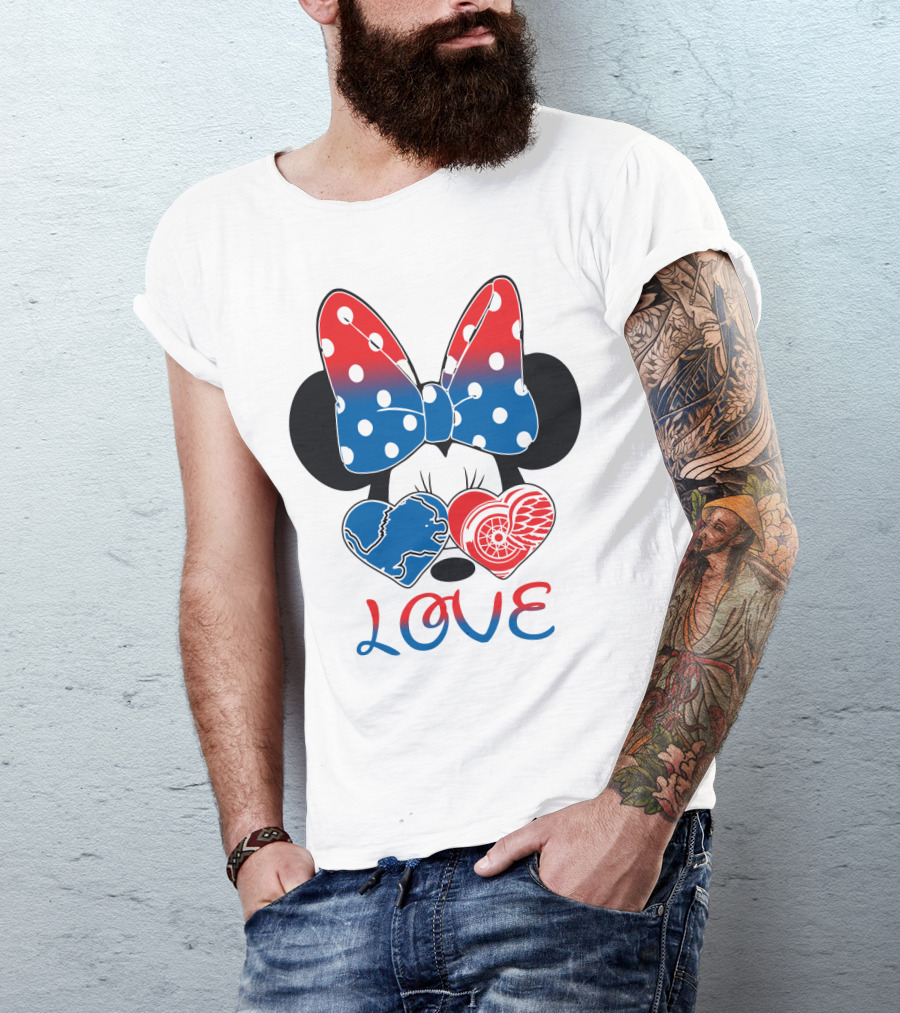 Love Minnie Mouse Detroit Lions Red Wings Bow Hearts T-Shirt