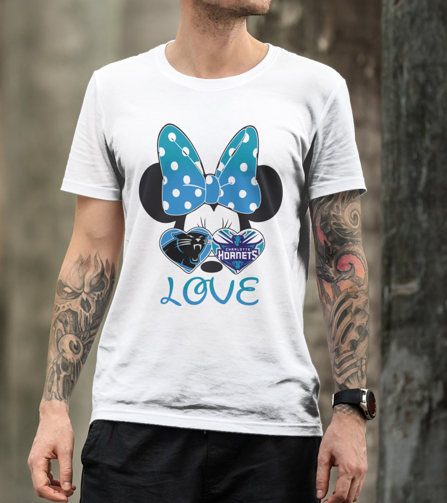 Minnie Mouse Love Carolina Panthers Charlotte Hornets Bow Hearts T-Shirt
