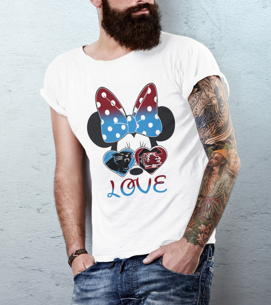 Love Carolina Panthers South Carolina Gamecocks Minnie Bow Hearts T-Shirt