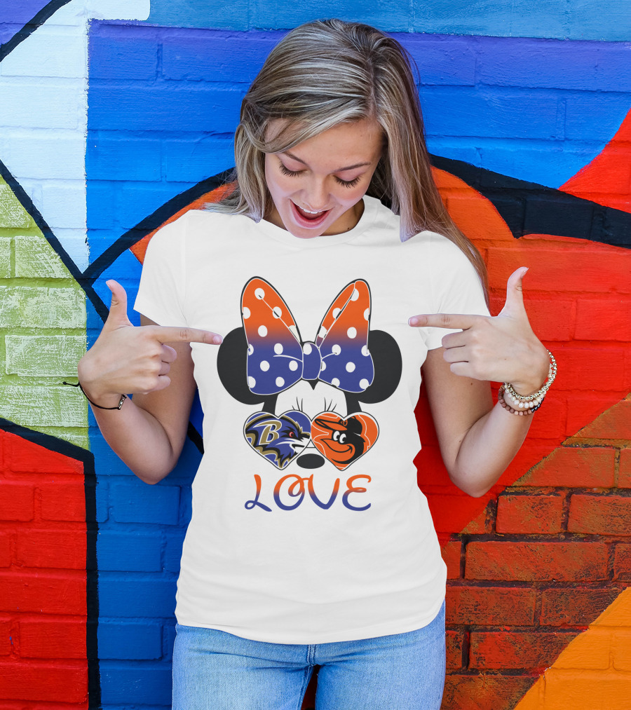 Love Baltimore Ravens Orioles Minnie Mouse Bow T-Shirt