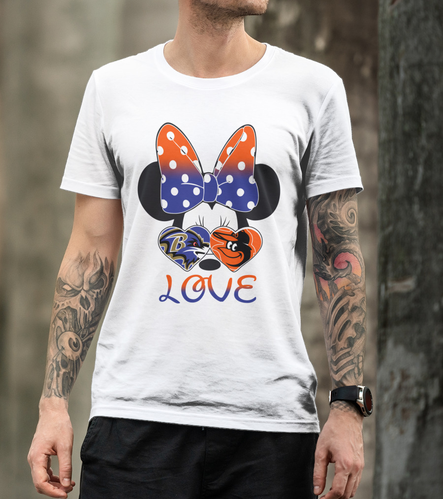 Love Baltimore Ravens Orioles Minnie Mouse Bow T-Shirt