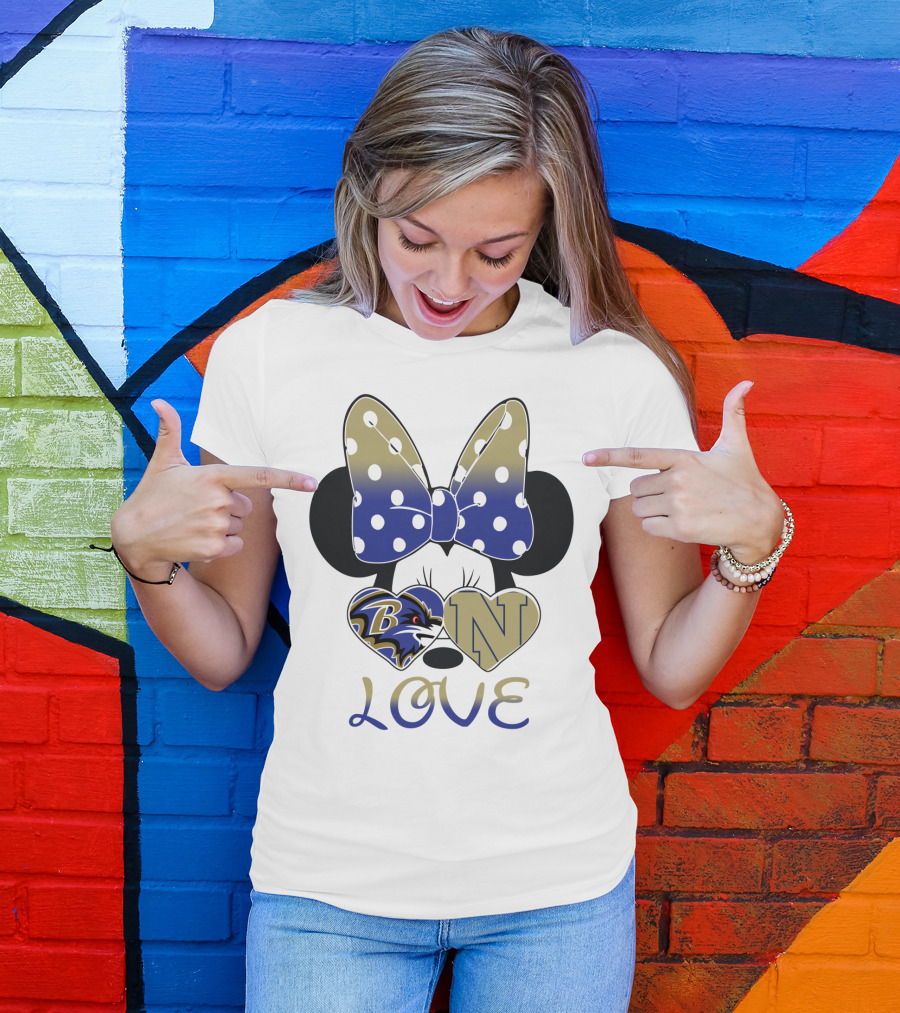 Minnie Mouse Love Baltimore Ravens Navy Logo Hearts Bow T-Shirt
