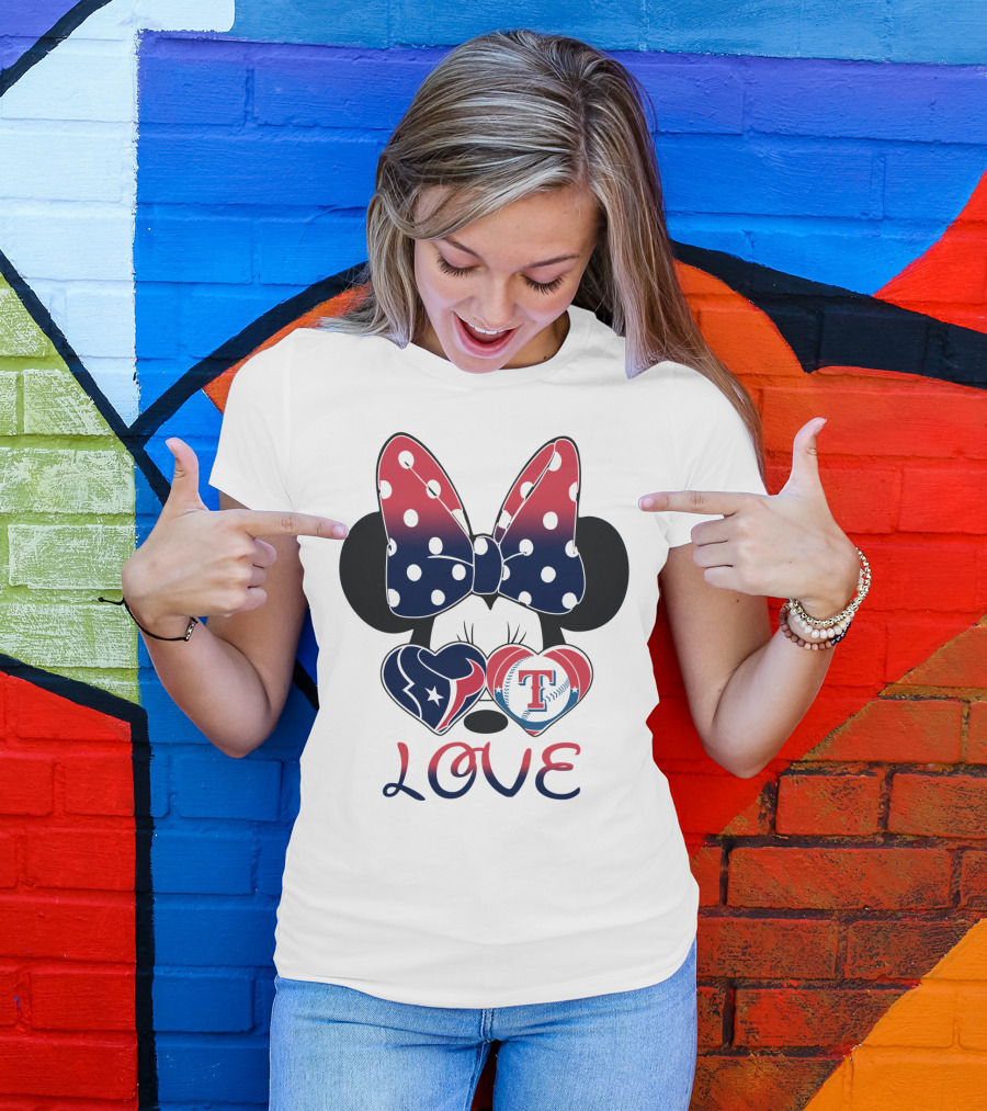 Minnie Bow Love Texans Rangers Hearts T-Shirt