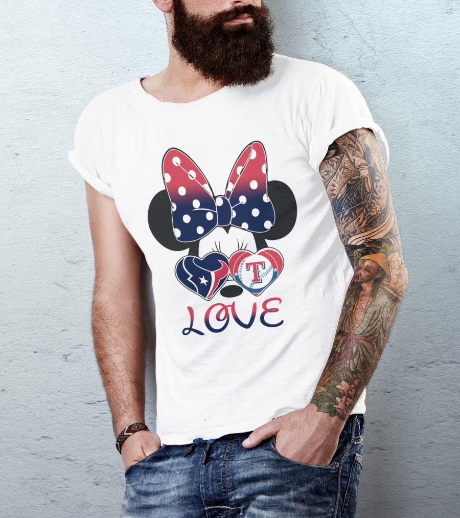Minnie Bow Love Texans Rangers Hearts T-Shirt