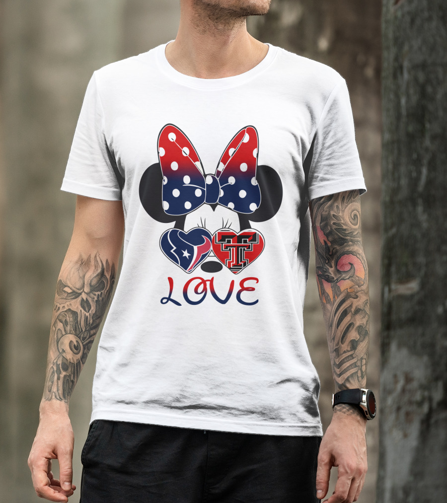 Minnie Mouse Love Texans And Texas Tech Hearts Bow T-Shirt