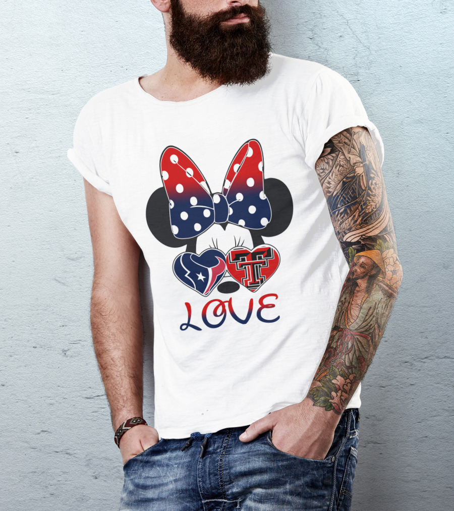 Minnie Mouse Love Texans And Texas Tech Hearts Bow T-Shirt