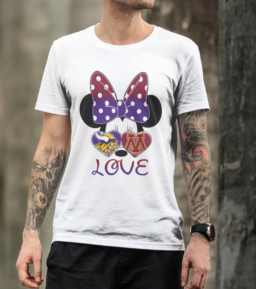 Minnie Mouse Bow Love Vikings Minnesota U Logo Hearts T-Shirt
