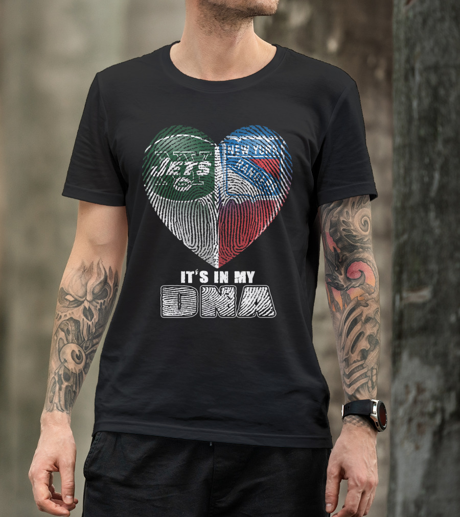 New York Jets And Rangers It's In My Dna Heart Fingerprint T-Shirt