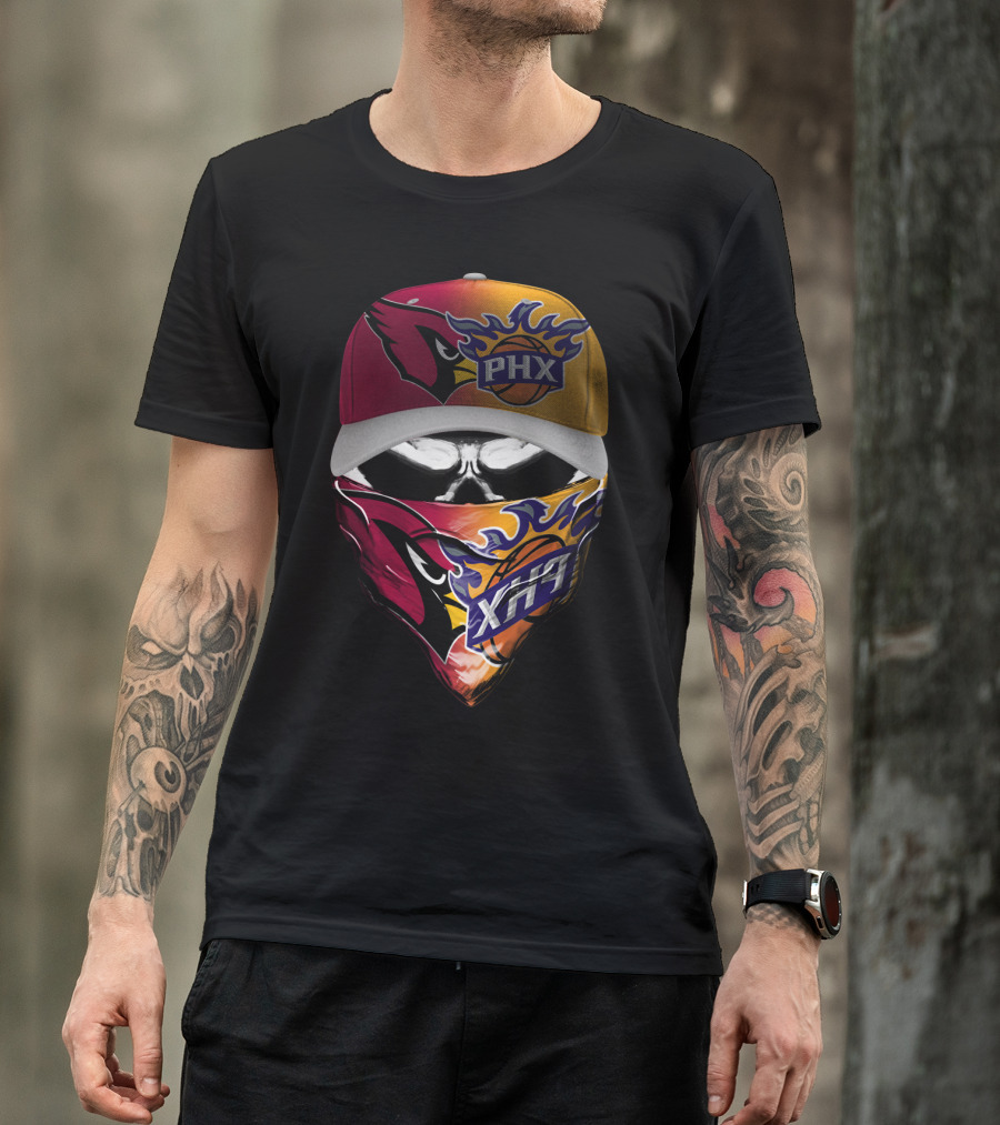 Phx Cardinals Suns Crossover Flame Skull Headwear T-Shirt