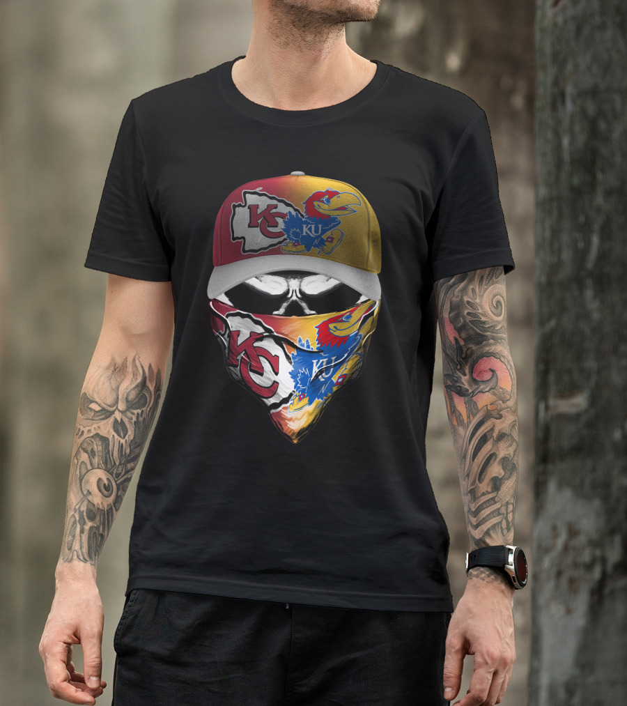 Kansas City Chiefs And Kansas Jayhawks Skull Bandana Hat Fusion T-Shirt