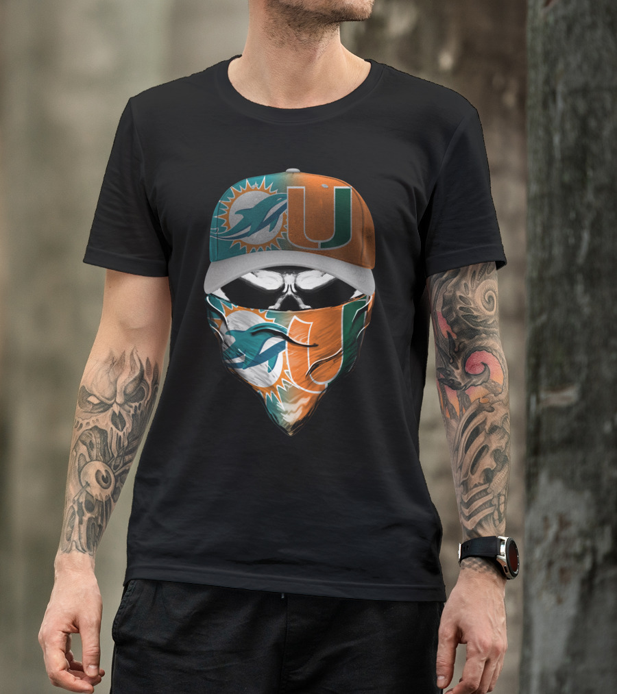 Miami Dolphins And University Of Miami Logo Face Mask And Cap Design Skull Style T-Shirt
