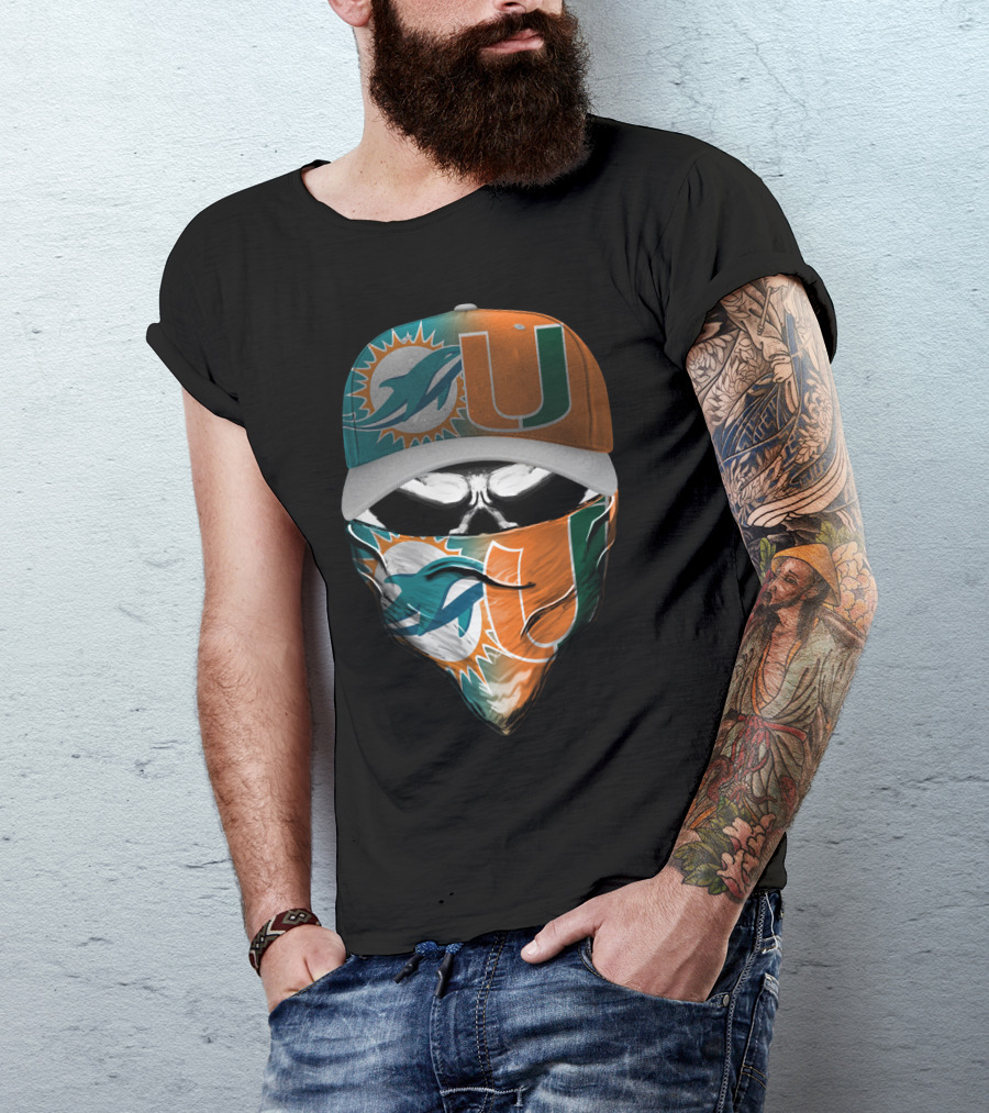 Miami Dolphins And University Of Miami Logo Face Mask And Cap Design Skull Style T-Shirt