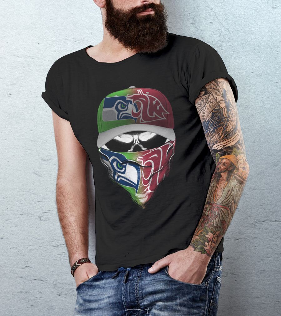 Seattle Seahawks Washington State Cougars Split Mask Hat T-Shirt