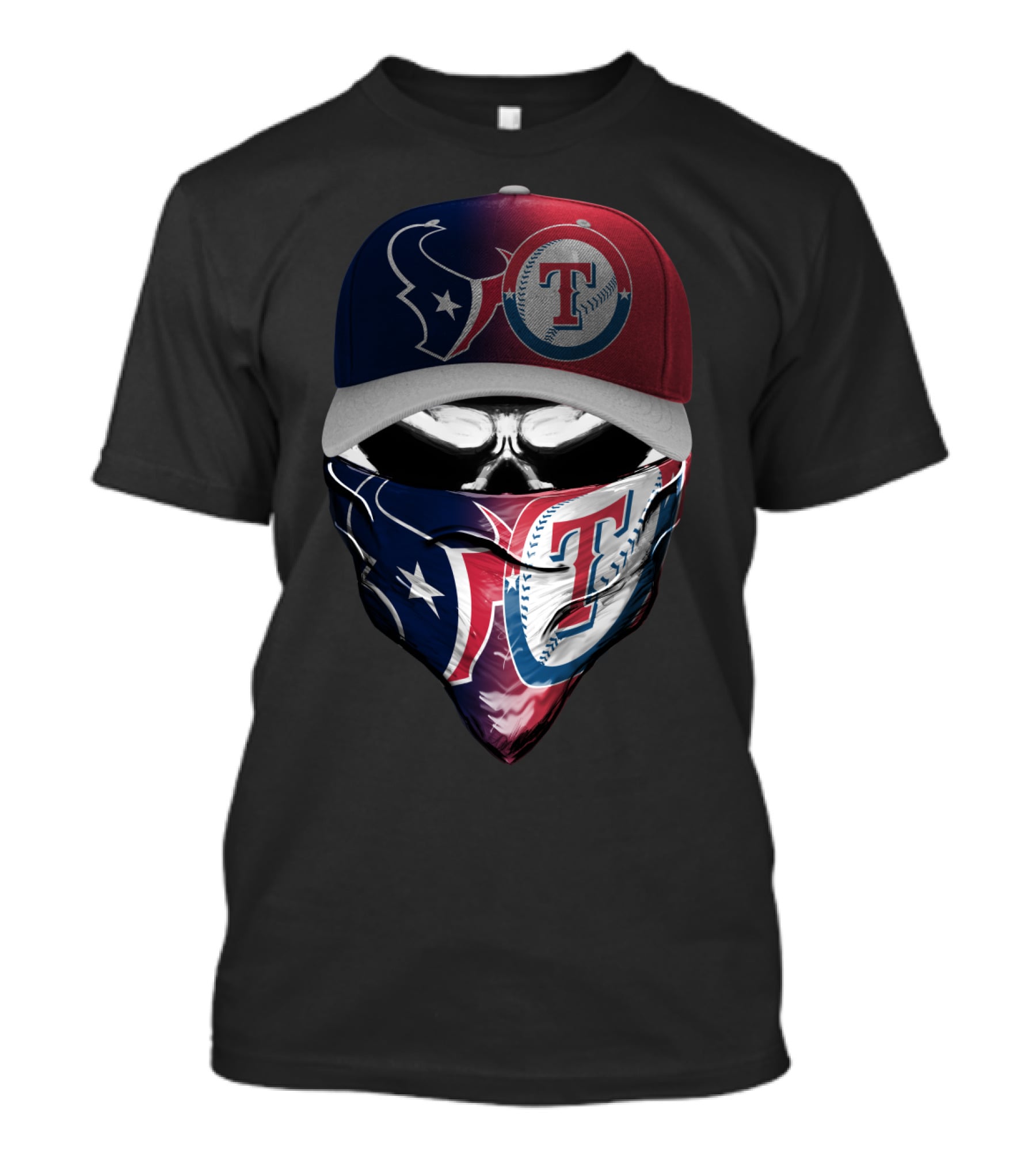 Houston Texans And Texas Rangers Skull Bandana Hat Dual Theme T-Shirt