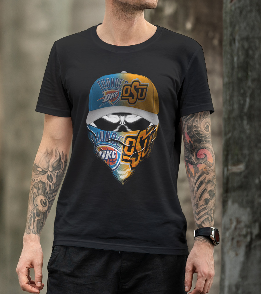 Okc Thunder Osu Split Face Skull Bandana Hat T-Shirt