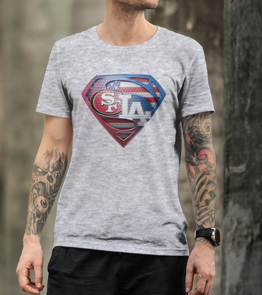 Sf La Superman Shield American Flag Hintergrund T-Shirt