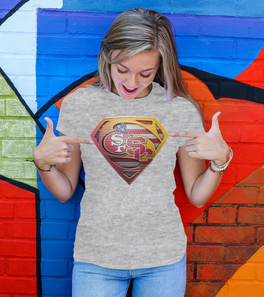 Superman Shield With San Francisco And Usc Logos Merged Over American Flag T-Shirt