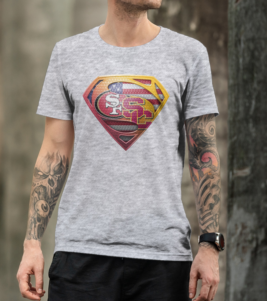 Superman Shield With San Francisco And Usc Logos Merged Over American Flag T-Shirt
