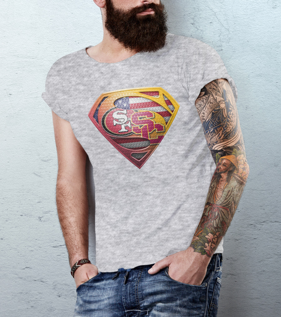 Superman Shield With San Francisco And Usc Logos Merged Over American Flag T-Shirt