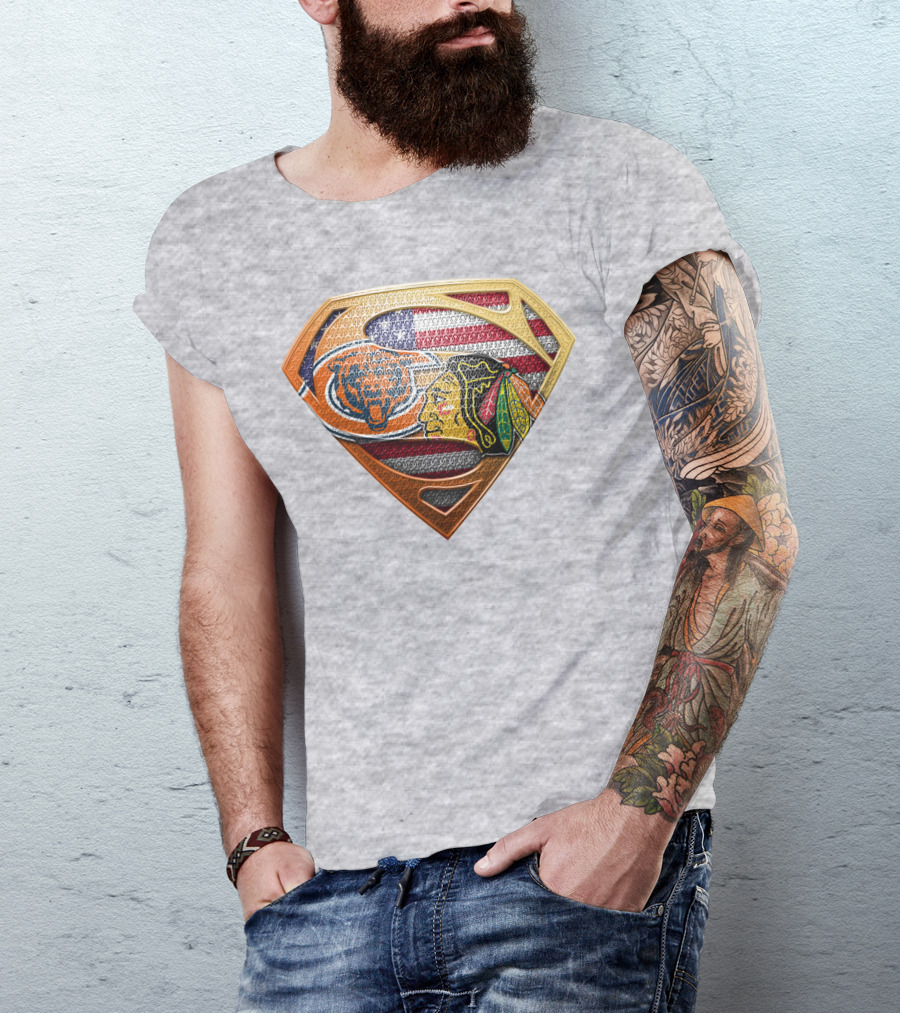 Chicago Bears Blackhawks American Flag Superman T-Shirt