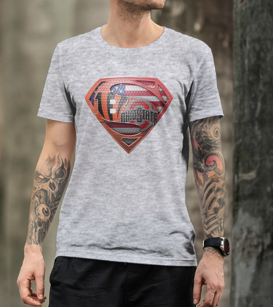 Superman Shield With Cincinnati Bengals Tiger Stripes Ohio State Logo And American Flag T-Shirt